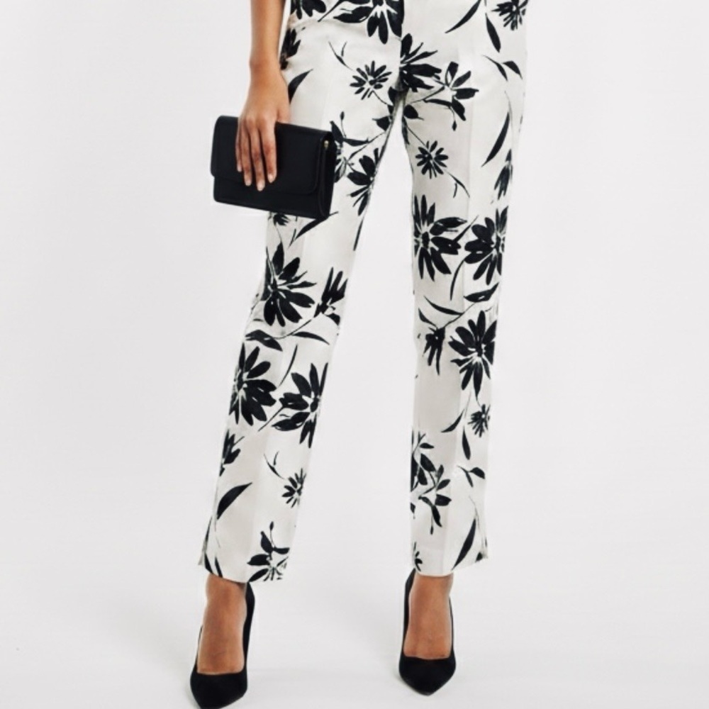 Pure Silk Botanical Print Trousers Chic Minimalist Floral 10 Petite